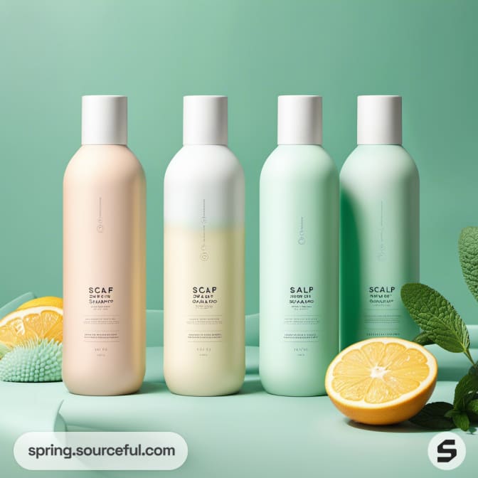 Four pastel shampoo bottles with citrus and mint.