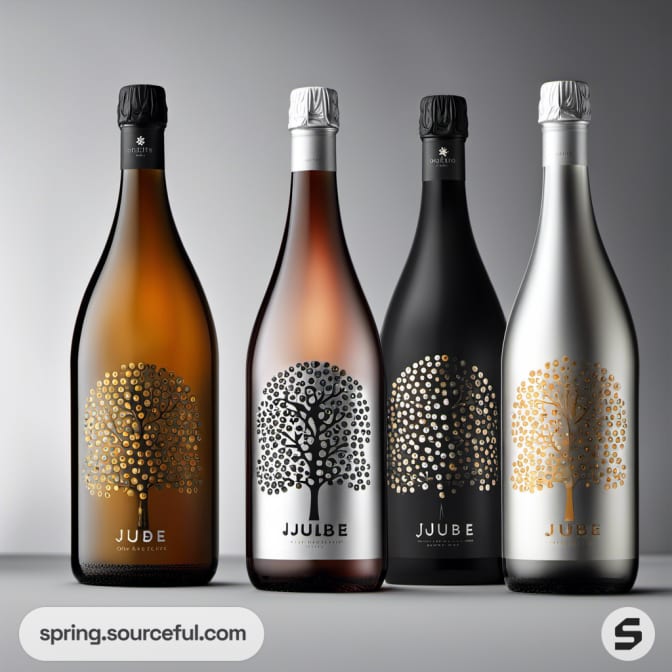 Set of four elegant bottles with textured tree design and varied color tones.