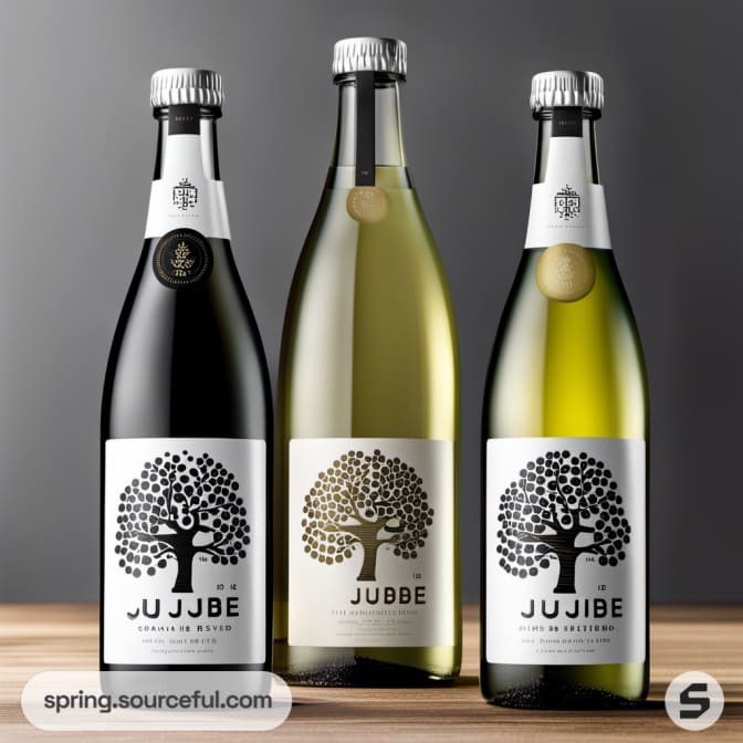 Three bottles with minimalist tree design and white labels on wooden surface.