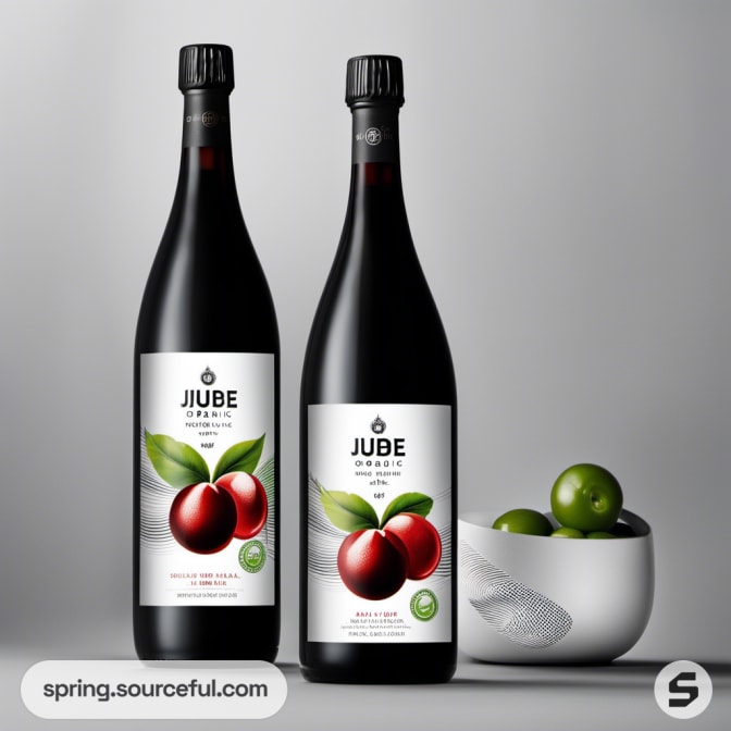 Two dark bottles with cherry design next to green and red fruits.