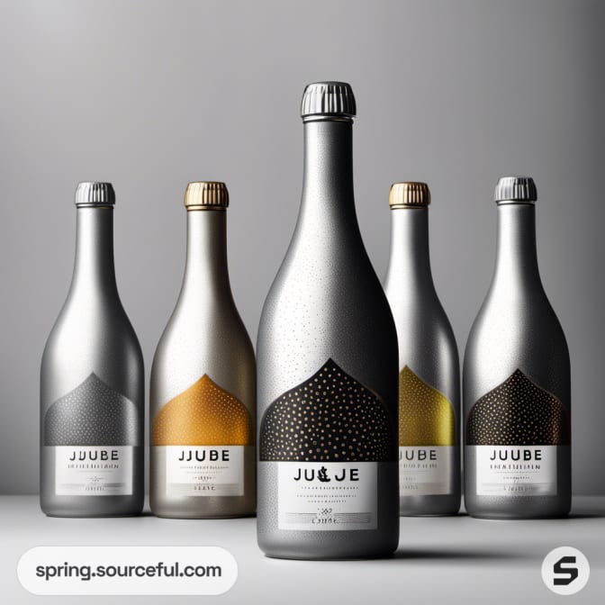 Five sleek metallic bottles with embossed patterns and muted colors.