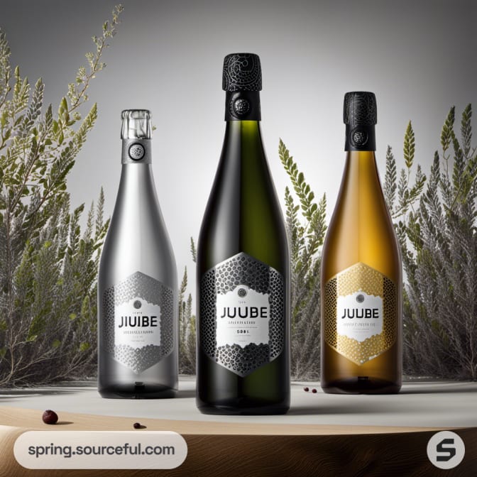 Three bottles with hexagonal labels, surrounded by natural foliage.