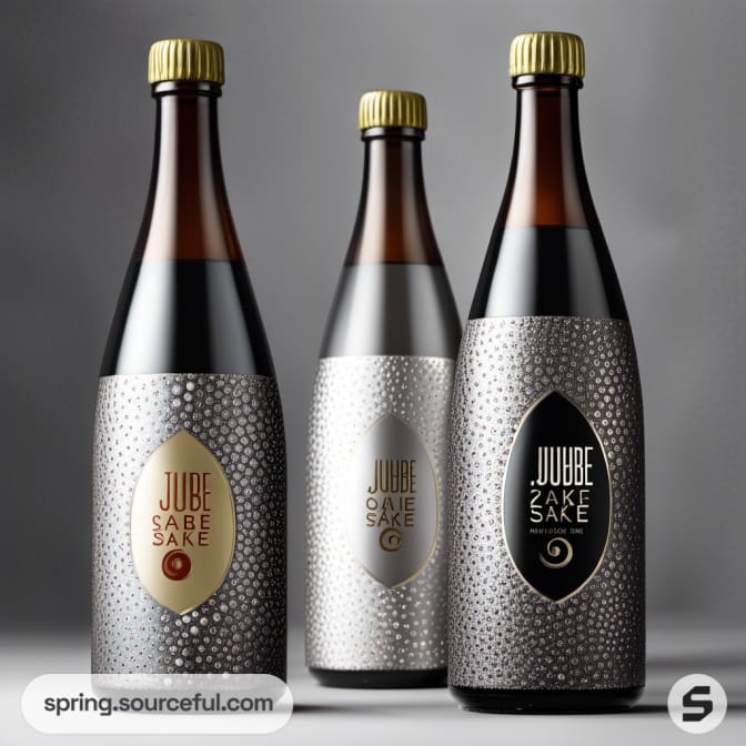 Three sake bottles with textured metallic design and golden caps.