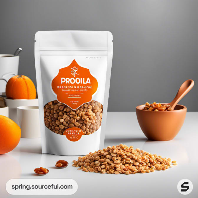 White resealable pouch with granola and orange on table.