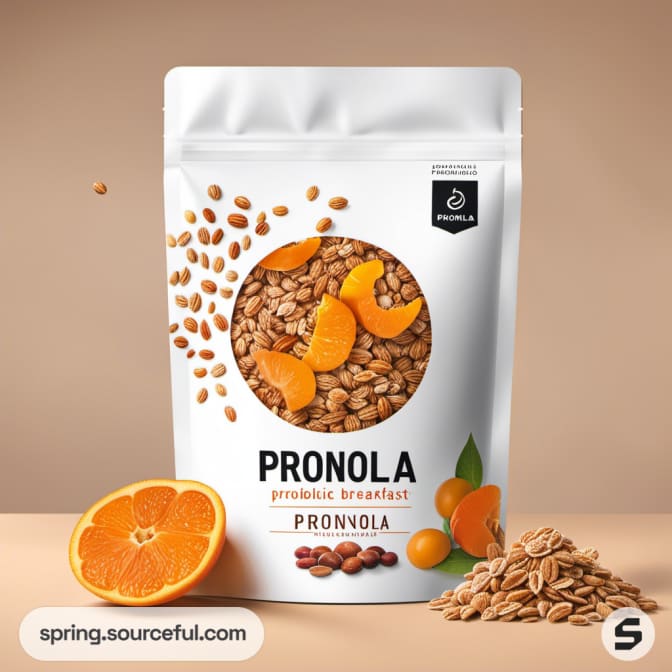 Pouch of cereal with oranges and wheat on beige background.