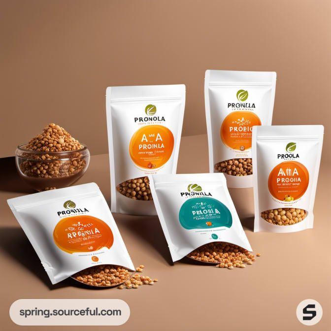 Set of five granola pouches with various labels on table.