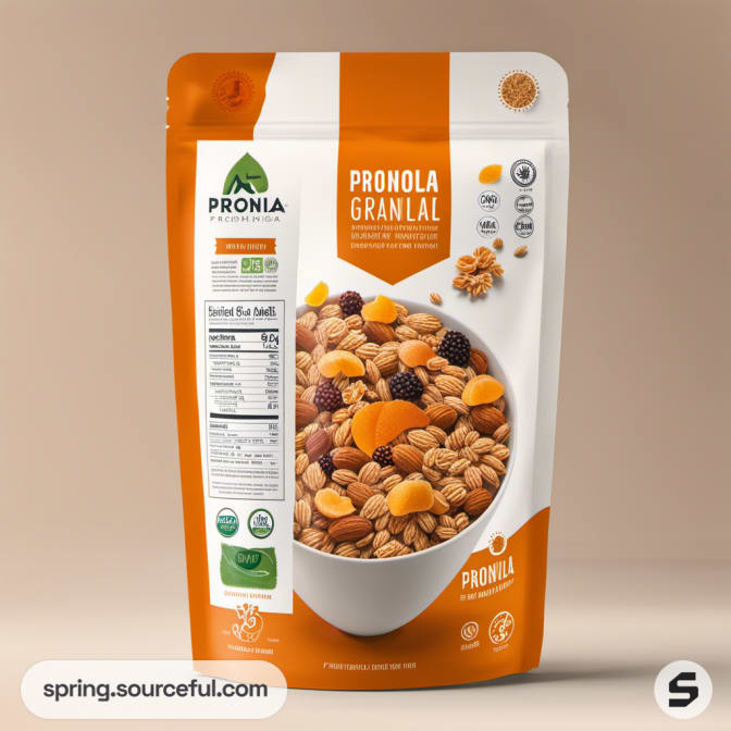 Large granola pack with nutritional info and orange image.