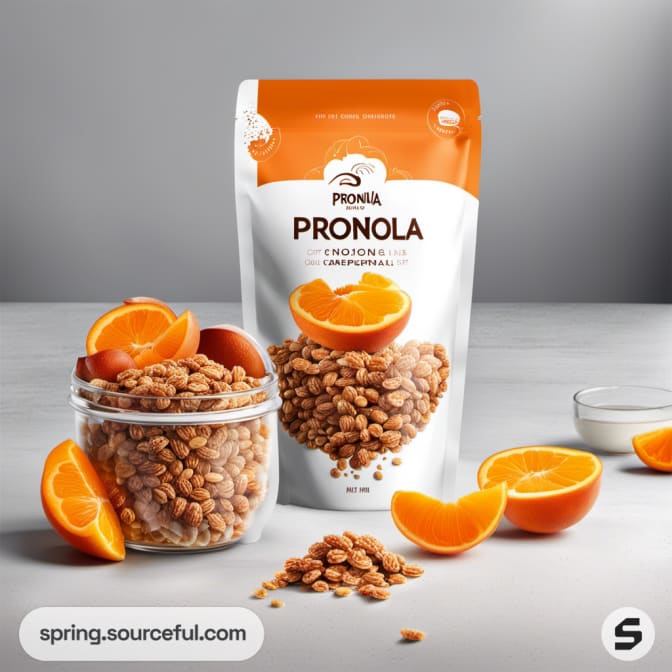 Granola pouch with orange slices and cereal on table.