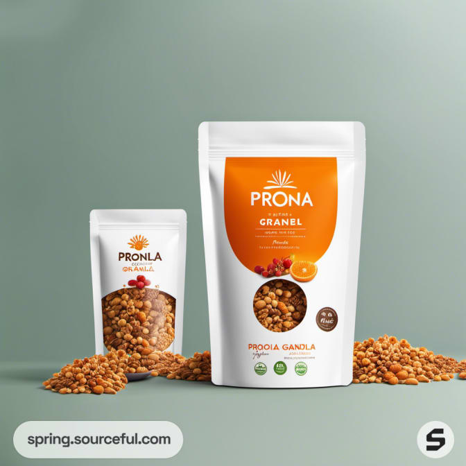 Two pouches of granola with spilled cereal on green surface.