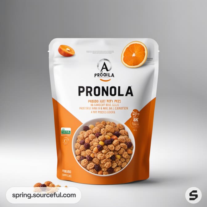 Orange and white resealable pouch with granola and oranges.