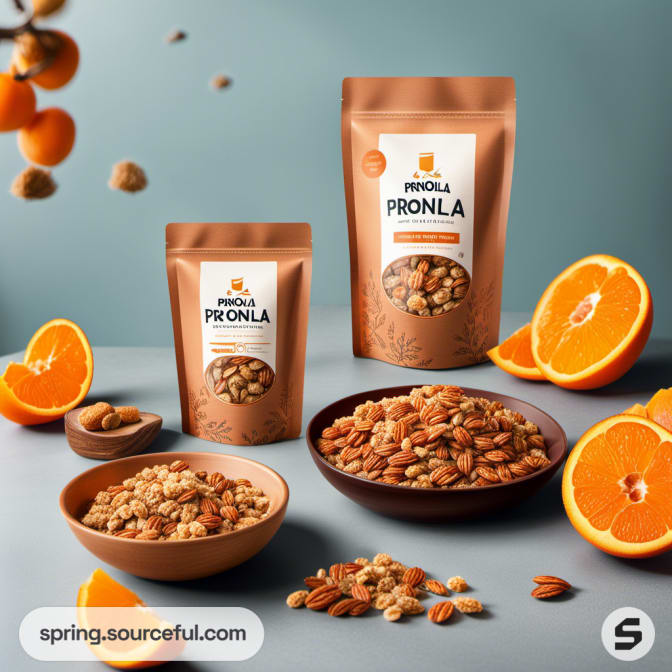 Brown pouches with granola, nuts, and orange slices.