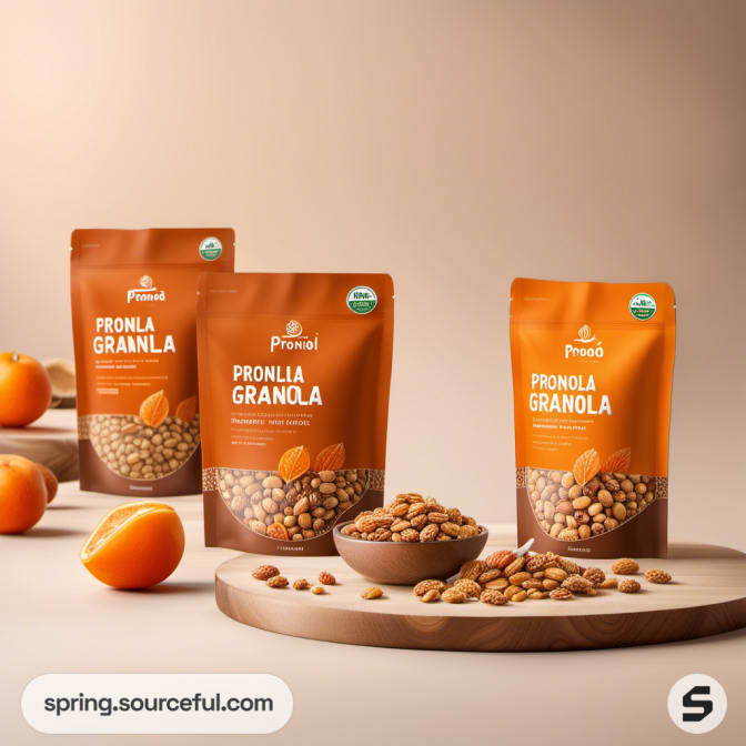 Three brown granola pouches with oranges on wooden tray.