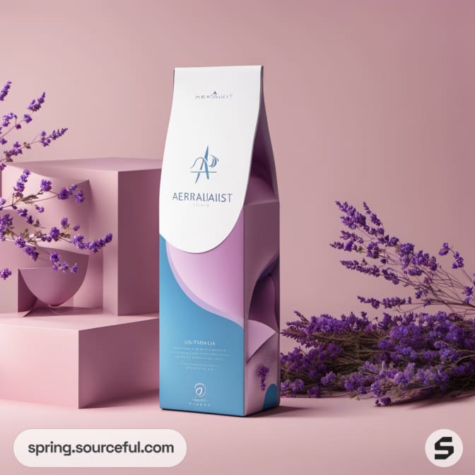 Tall purple and blue package with lavender and leaves.