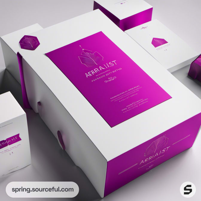 White box with purple lid and detailed text designs.