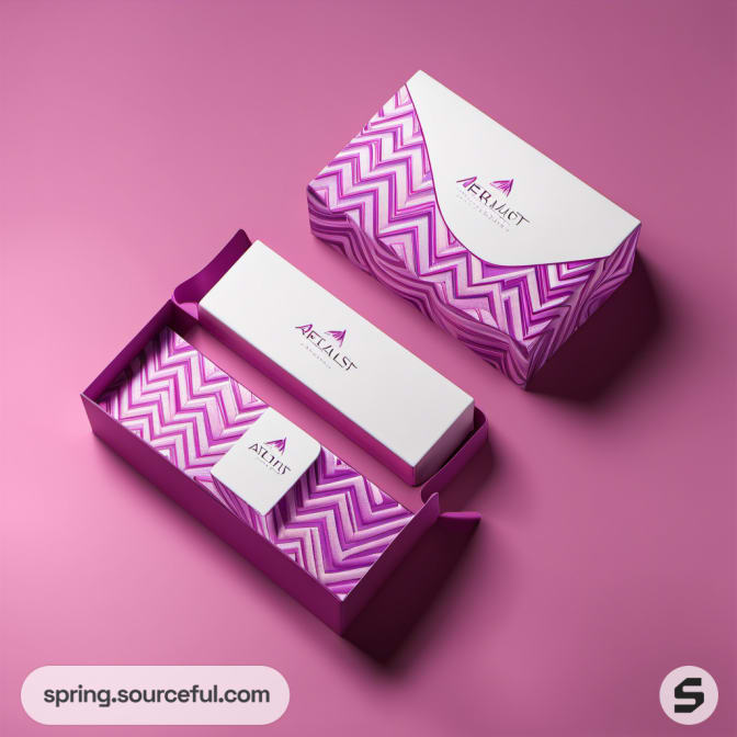 Purple chevron-patterned packaging on pink surface.