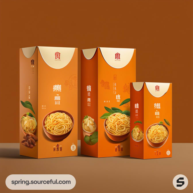 Orange noodle boxes with illustrations and text, featuring noodle bowls and ingredients, on a brown background.