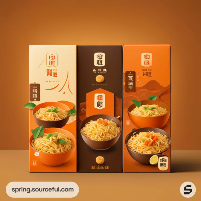 Three noodle boxes with bowls of noodles and herbs on the front, in orange, brown, and beige colors.