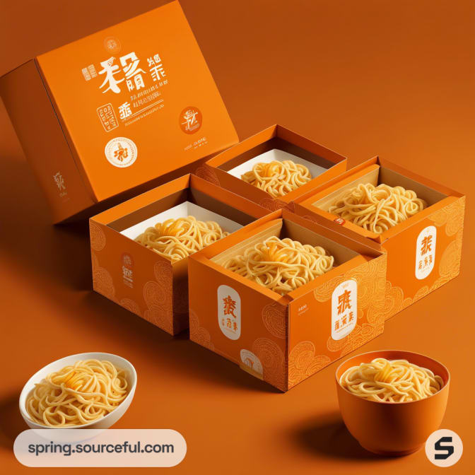 Orange paper boxes containing round dry noodles, with one bowl and one cup of noodles on orange background.