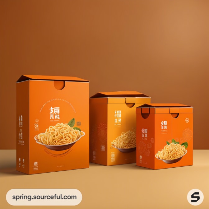 Orange noodle boxes with illustrations of noodles, in three different sizes, on a brown background.