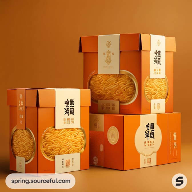 Stack of orange and beige boxes of instant noodles with window display on a brown background.