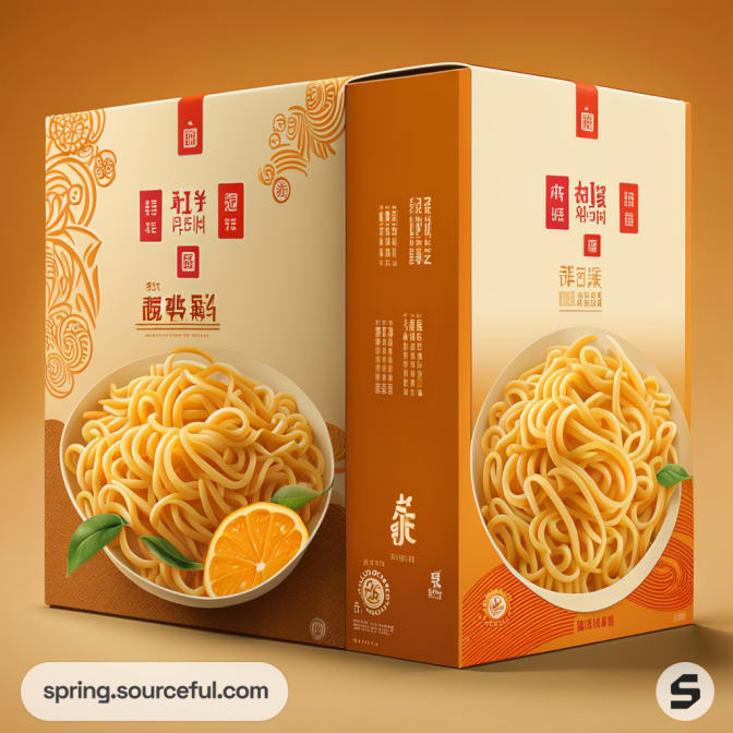Orange noodle box with Chinese characters and bowl image, orange slices on box.
