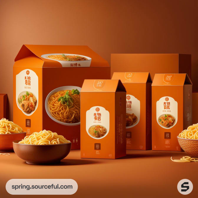 Assorted orange noodle boxes and a bowl with cooked noodles on a brown background.