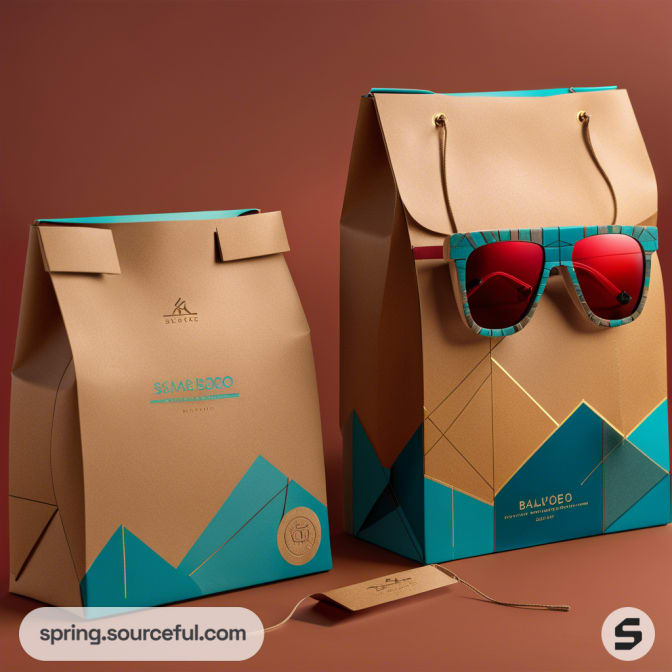 Eco-friendly kraft paper bag with geometric teal and orange design, featuring sunglasses accessory.