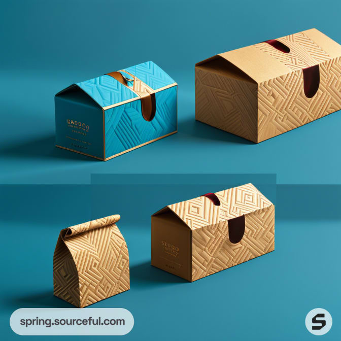 Two geometric-patterned cardboard boxes, one teal and one tan, on a blue surface.