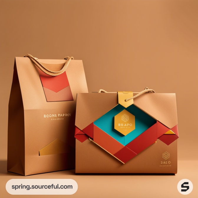 Brown paper shopping bag with rope handles, featuring colorful geometric designs.