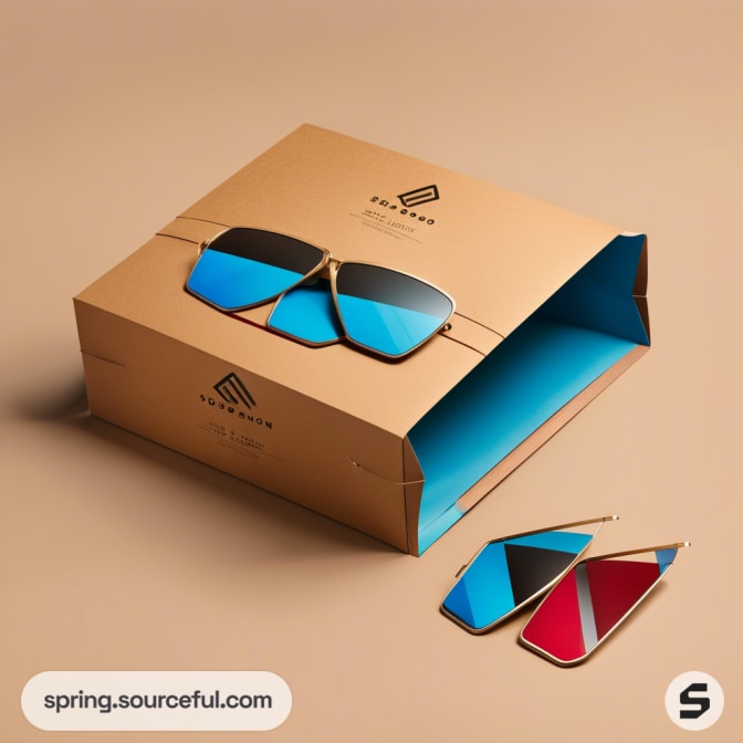 Sunglasses with blue and red lenses next to a beige rectangular box on a tan surface.