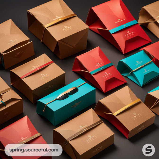 Assorted brown, red, and teal foldable packaging boxes arranged on a dark background.