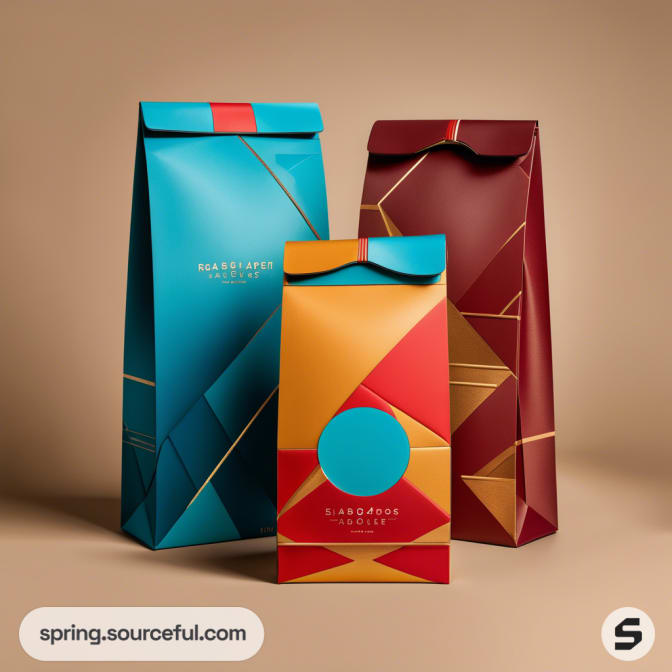 Colorful geometric packaging with teal, red, and orange hues on standing pouches.