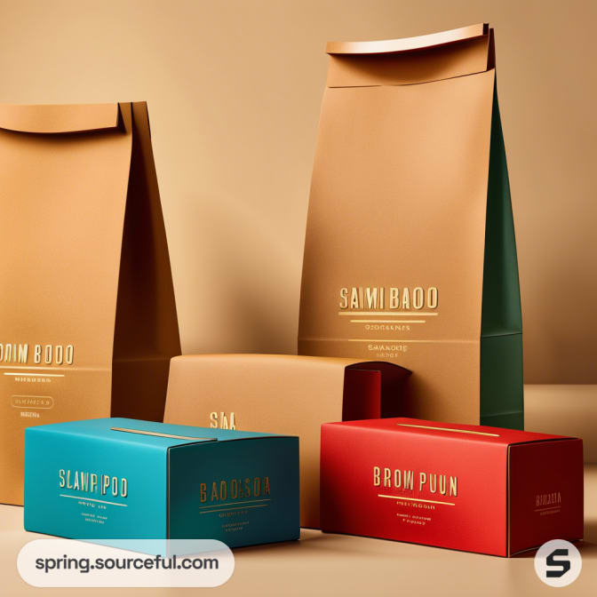 Assorted colored cardboard packaging boxes and bags with gold text on a neutral background.