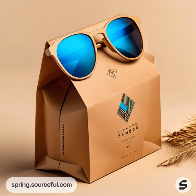 Eco-friendly sunglasses with blue lenses and bamboo frame on a brown paper package.