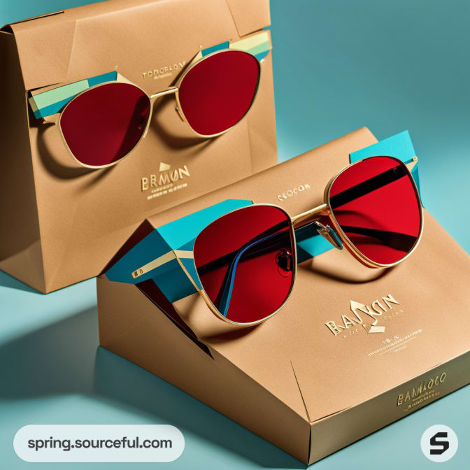 Two pairs of sunglasses with red lenses and gold frames on gold display stands against a teal background.