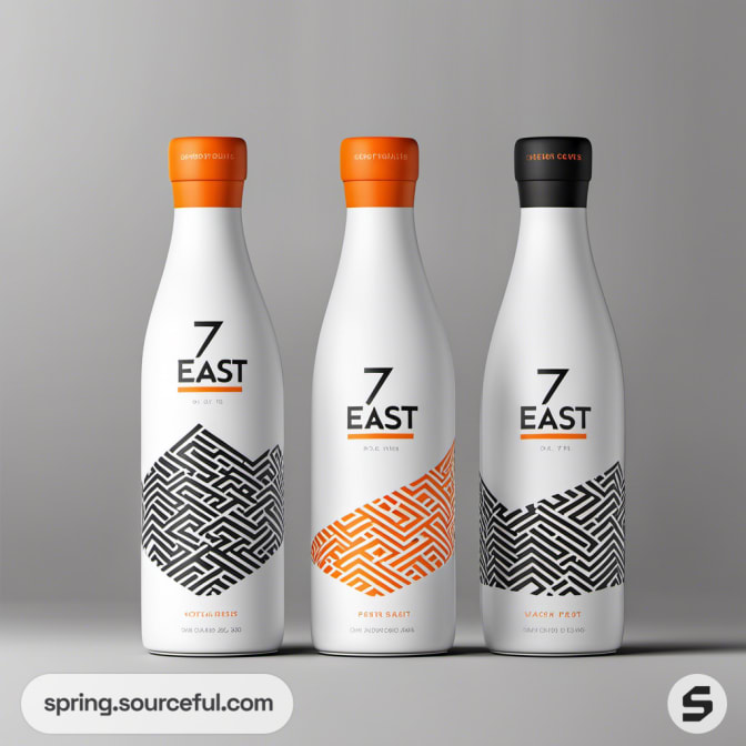 Three white bottles with black and orange patterns on a gray background.