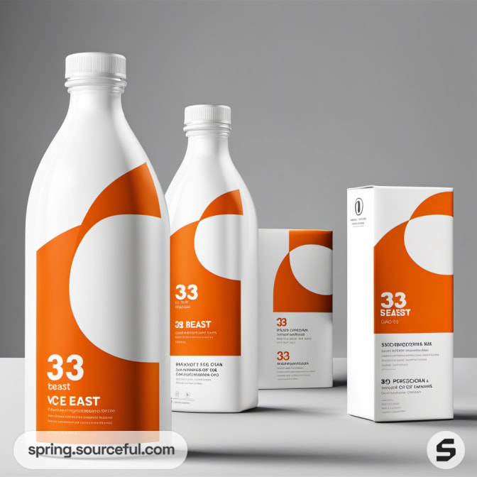 Orange and white bottles with minimalist design next to matching boxes.
