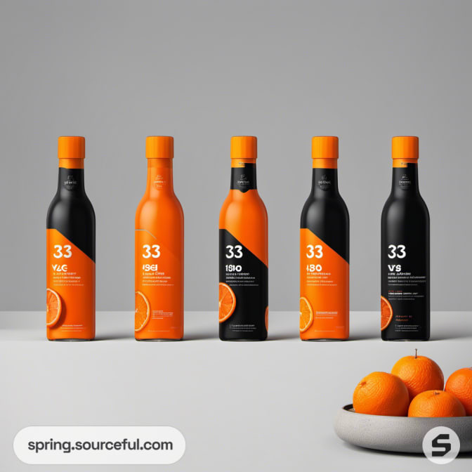 Five bottles in orange and black with oranges depicted, beside a bowl of oranges.