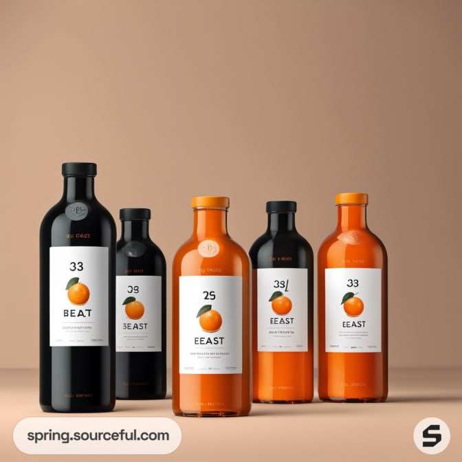 Five bottles in black and orange on a tan background with orange fruit imagery.