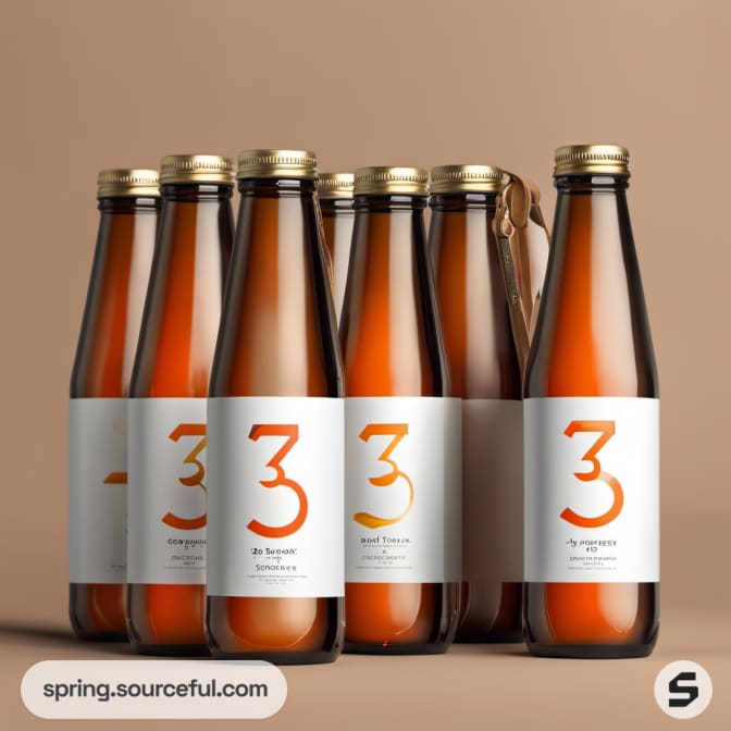 Six amber glass bottles with minimalist labels displaying the number three.