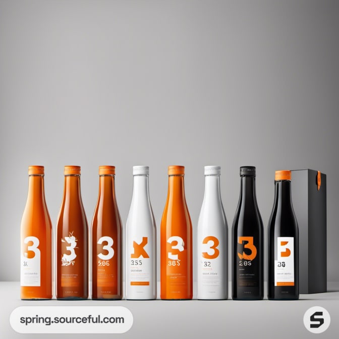 Eight bottles in orange, brown, white, and black with varying label designs.