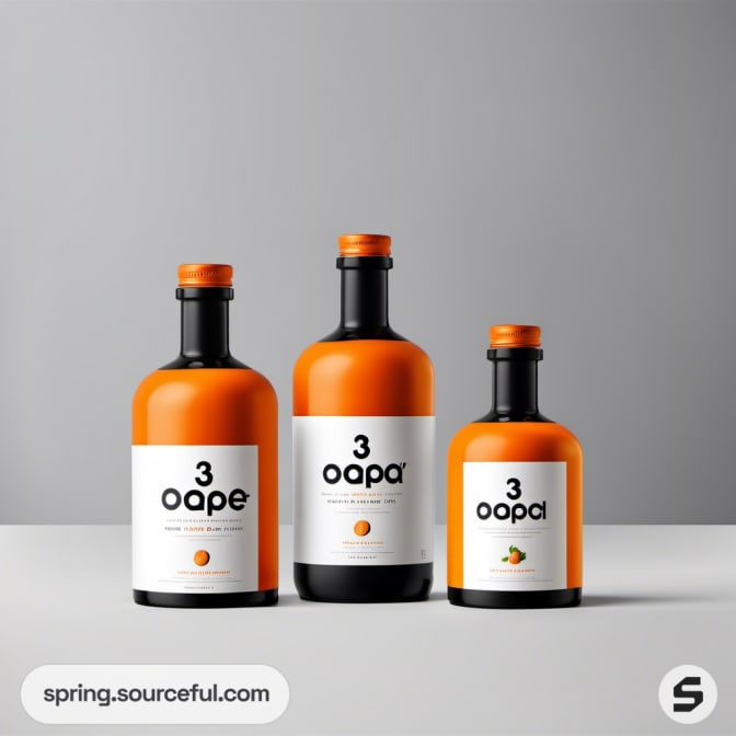 Three dark and light orange bottles with bold typeface on a gray surface.