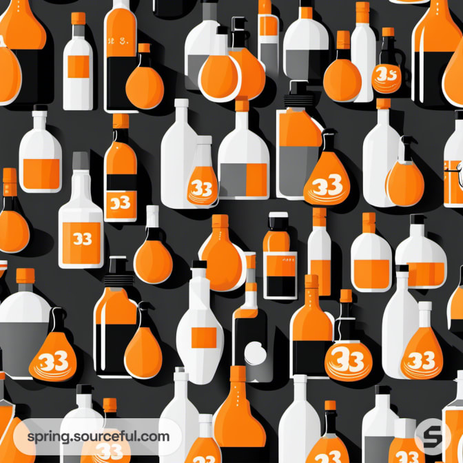 Patterned image of various orange, white, and black bottles on a dark background.