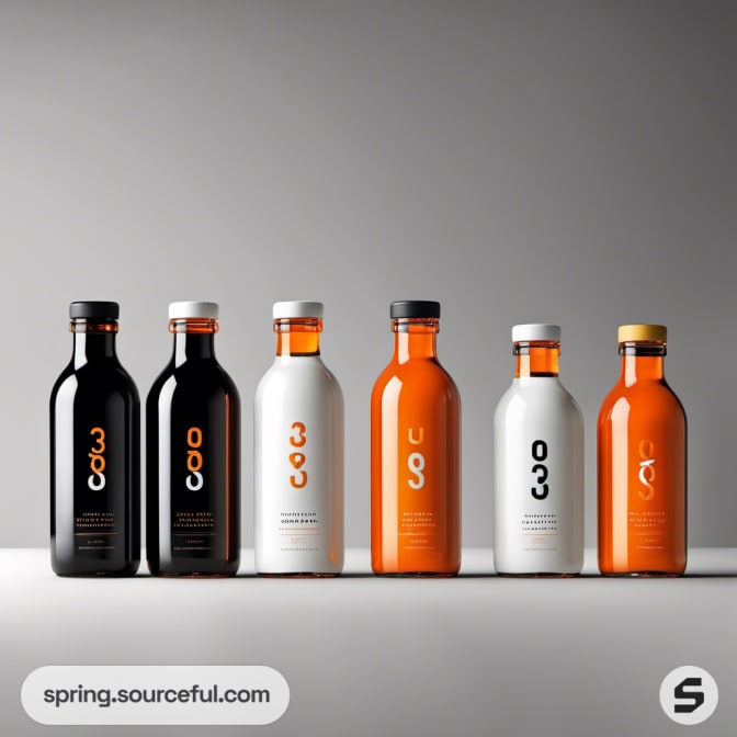 Six bottles in black, orange, and white with sleek designs on a gray surface.