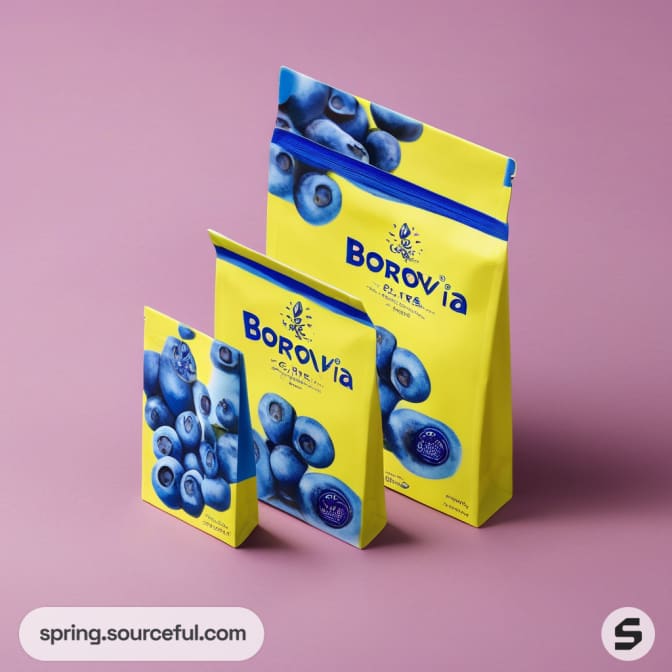 Three sizes of yellow resealable pouches with blueberry designs on purple surface.