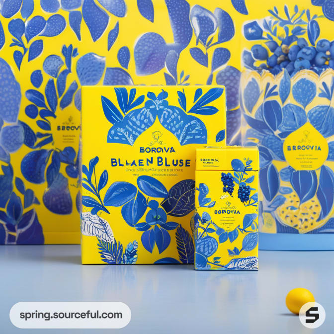 Yellow and blue tea packaging with floral and fruit patterns against blue background.