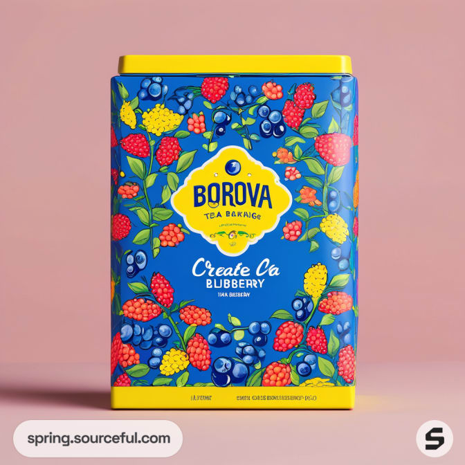 Blueberry-themed tea tin with colorful berry illustrations on pink background.