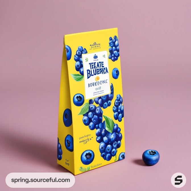Yellow triangular tea packaging with blueberries on a purple background.