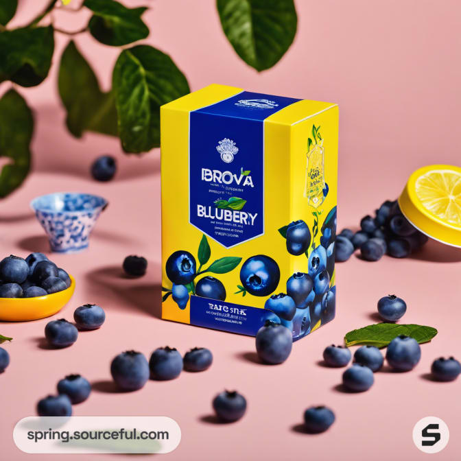 Yellow tea box with blueberries and lemon on a pink background with leaves.