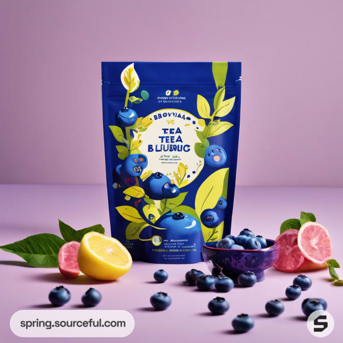 Blue pouch with blueberry and orange illustrations on a purple background.